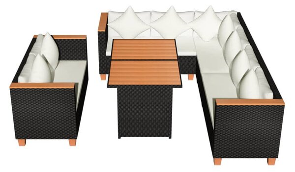 5-részes fekete polyrattan kerti bútorszett párnákkal