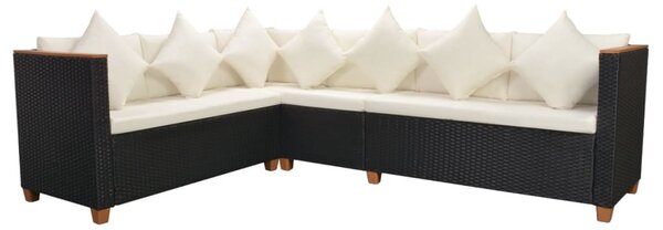 5-részes fekete polyrattan kerti bútorszett párnákkal