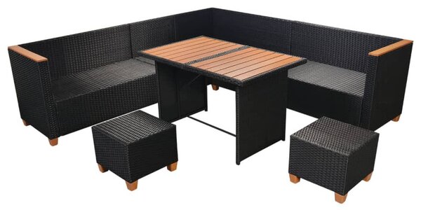 7-részes fekete polyrattan kerti bútorszett párnákkal