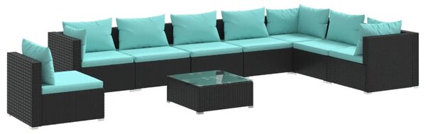 9 részes fekete polyrattan kerti ülőgarnitúra párnákkal