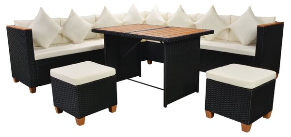 7-részes fekete polyrattan kerti bútorszett párnákkal