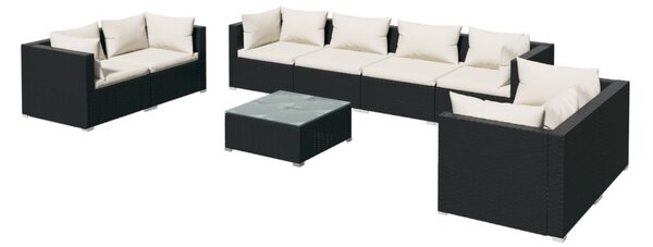 9 részes fekete polyrattan kerti ülőgarnitúra párnákkal