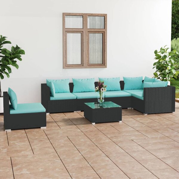 7 részes fekete polyrattan kerti ülőgarnitúra párnákkal