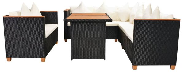 5-részes fekete polyrattan kerti bútorszett párnákkal