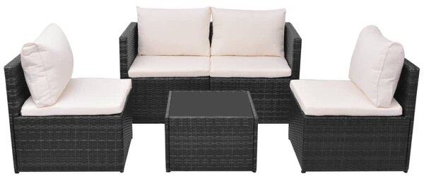 5-részes fekete polyrattan kerti bútorszett párnákkal