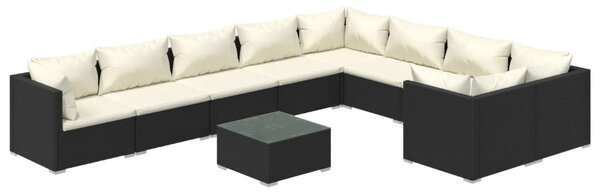 10 részes fekete polyrattan kerti ülőgarnitúra párnákkal
