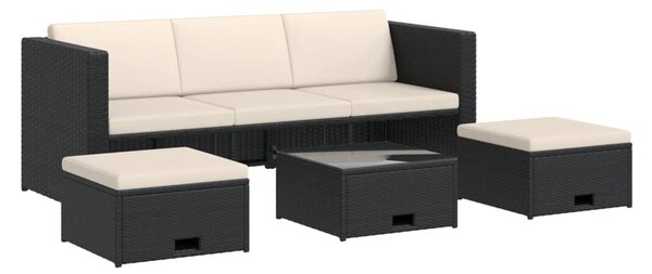 4-részes fekete polyrattan kerti bútorszett párnákkal