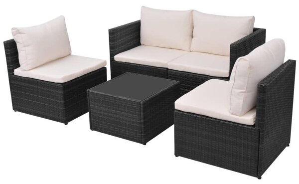 5-részes fekete polyrattan kerti bútorszett párnákkal