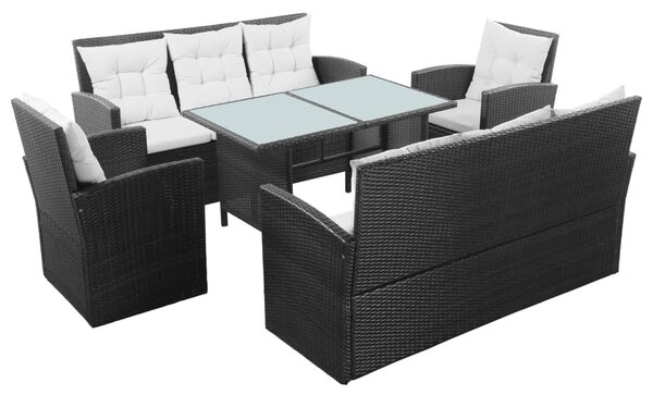5-részes fekete polyrattan kerti bútorszett párnákkal
