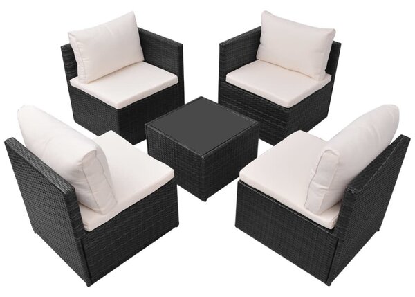 5-részes fekete polyrattan kerti bútorszett párnákkal