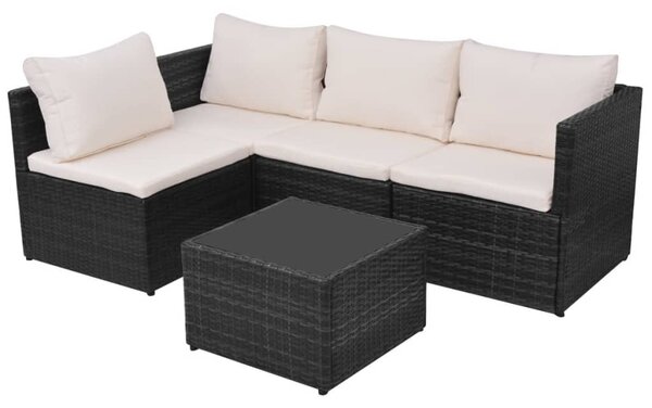 5-részes fekete polyrattan kerti bútorszett párnákkal