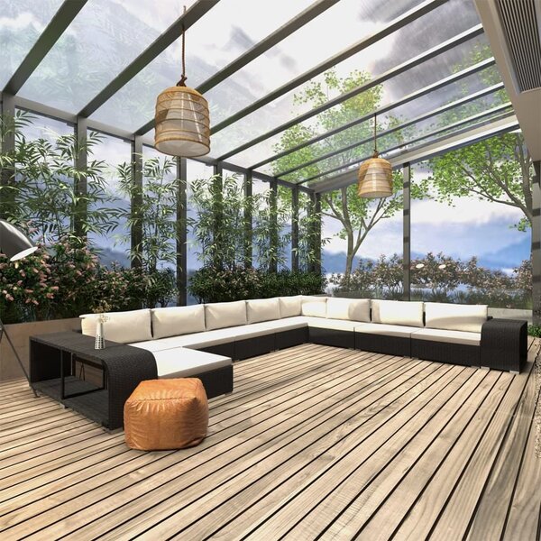 VidaXL 11-részes fekete polyrattan kerti bútorszett párnákkal