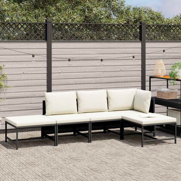 5 részes fekete polyrattan kerti kanapészett párnákkal