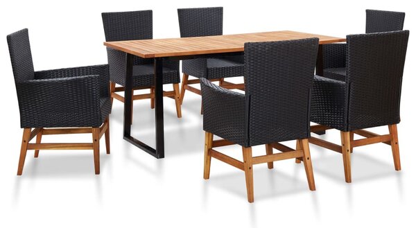 7 részes kültéri fekete polyrattan és akácfa étkezőgarnitúra