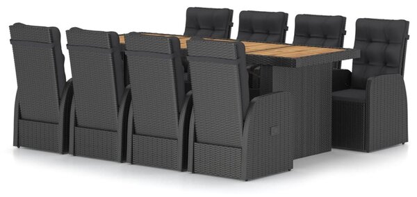 9 részes fekete polyrattan kültéri étkezőszett párnákkal
