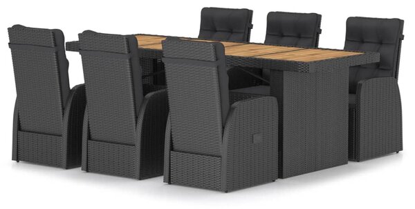 7 részes fekete polyrattan kültéri étkezőszett párnákkal