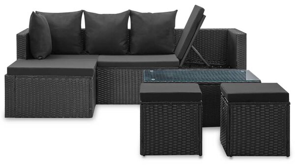 4 részes fekete polyrattan kerti bútorszett párnákkal