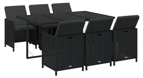 7 részes fekete polyrattan kerti étkezőgarnitúra párnákkal
