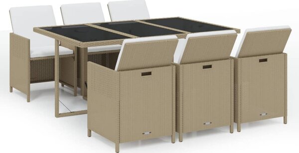 7 részes bézs polyrattan kerti étkezőgarnitúra párnákkal