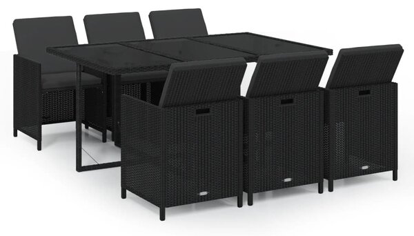 7 részes fekete polyrattan kerti étkezőgarnitúra párnákkal