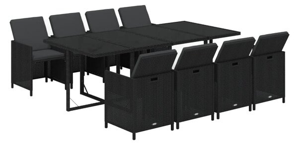 9 részes fekete polyrattan kerti étkezőgarnitúra párnákkal