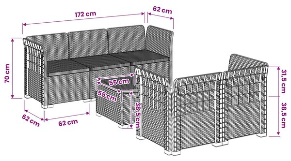 VidaXL 5 személyes rattan hatású PP kerti kanapé, barna