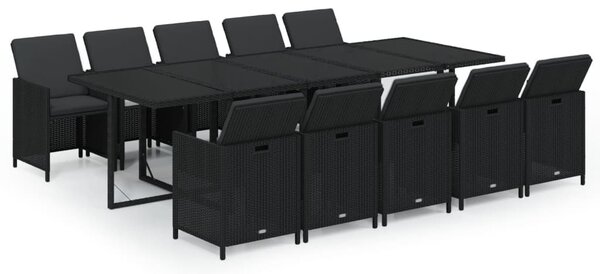 11 részes fekete polyrattan kerti étkezőgarnitúra párnákkal