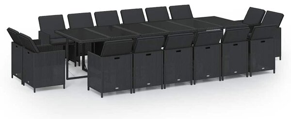 17 részes fekete polyrattan kerti étkezőgarnitúra párnákkal