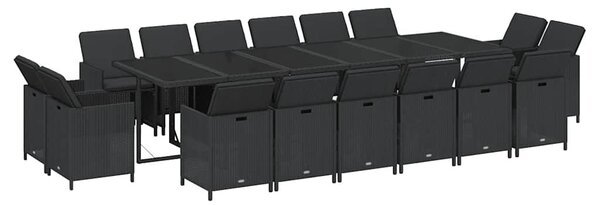 17 részes fekete polyrattan kerti étkezőgarnitúra párnákkal