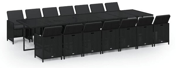 15 részes fekete polyrattan kerti étkezőgarnitúra párnákkal
