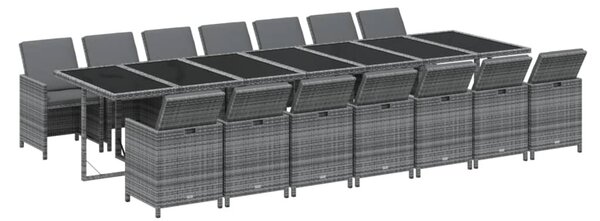 15 részes szürke polyrattan kerti étkezőgarnitúra párnákkal