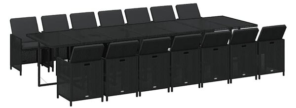 15 részes fekete polyrattan kerti étkezőgarnitúra párnákkal