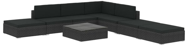8-részes fekete polyrattan kerti bútorszett párnákkal