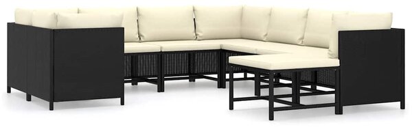 9 részes fekete polyrattan kerti ülőgarnitúra párnákkal