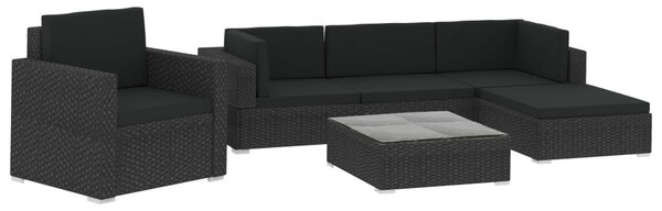 6-részes fekete polyrattan kerti bútorszett párnákkal