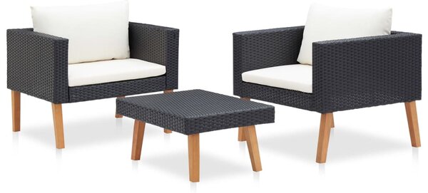 3 részes fekete polyrattan kerti ülőgarnitúra párnákkal
