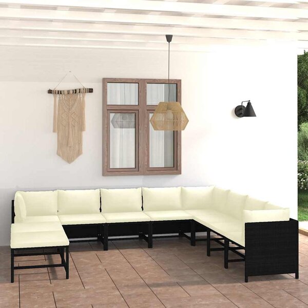 9 részes fekete polyrattan kerti ülőgarnitúra párnákkal
