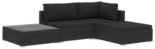 4-részes fekete polyrattan kerti bútorszett párnákkal