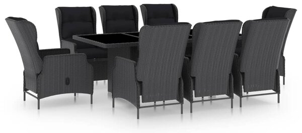 9 részes sötétszürke polyrattan kültéri étkezőszett párnákkal