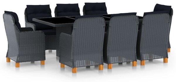 9 részes sötétszürke polyrattan kültéri étkezőszett párnákkal