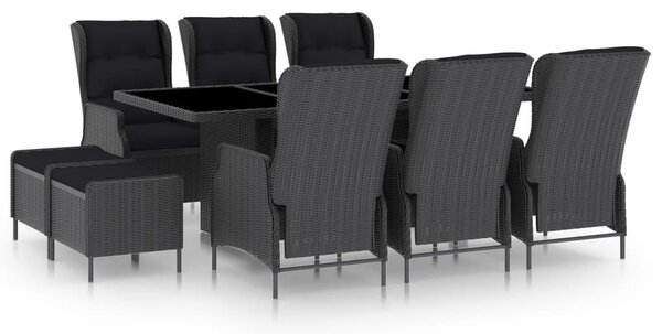9 részes sötétszürke polyrattan kültéri étkezőszett párnákkal
