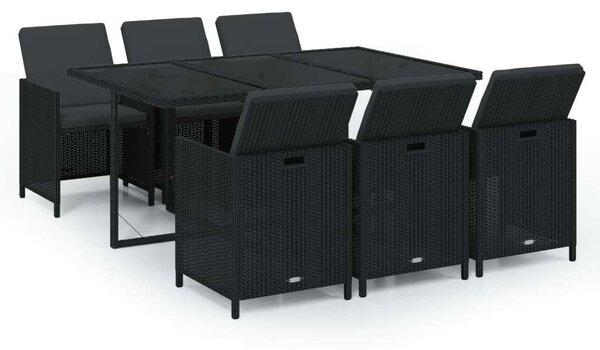 7 részes fekete polyrattan kerti étkezőgarnitúra párnákkal
