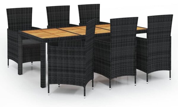 7 részes fekete polyrattan kültéri étkezőszett párnákkal