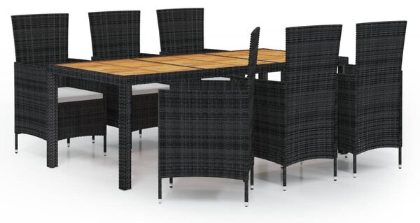 7 részes fekete polyrattan kültéri étkezőszett párnákkal
