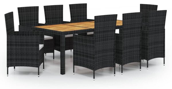 9 részes fekete polyrattan kültéri étkezőszett párnákkal