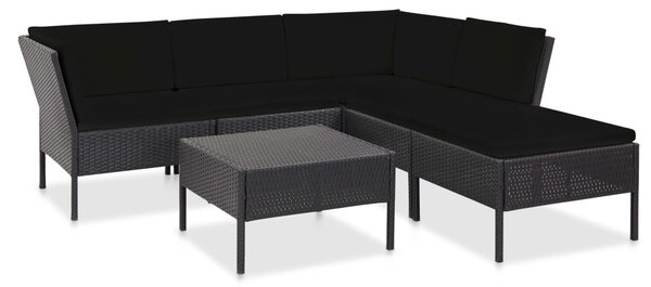 6-részes fekete polyrattan kerti bútorszett párnákkal