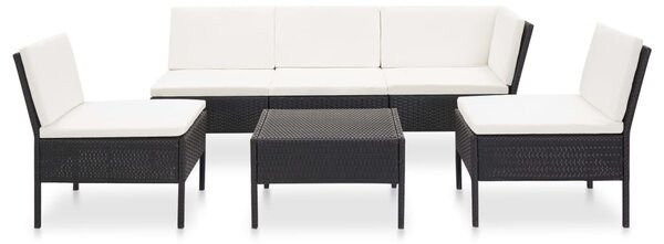 6-részes fekete polyrattan kerti bútorszett párnákkal