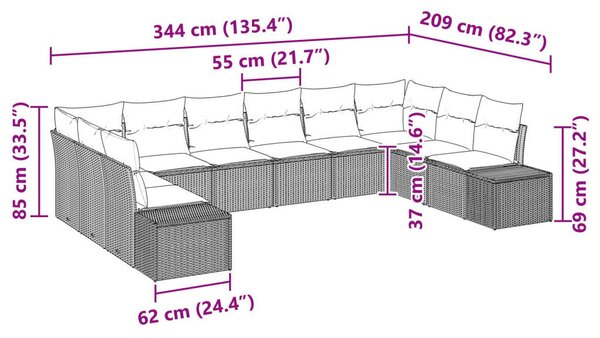 10 részes kerti kanapé szett párnákkal, világosszürke, poli rattan