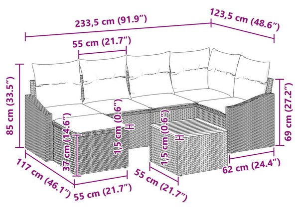 8 Részes Kertibútor Szett Párnákkal Szürke Poli Rattan Akác