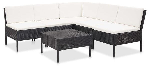 6-részes fekete polyrattan kerti bútorszett párnákkal